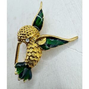 Vtg Hummingbird Brooch Pin Gold Tone Green Enamel Rhinestone Eye Bird Jewelry